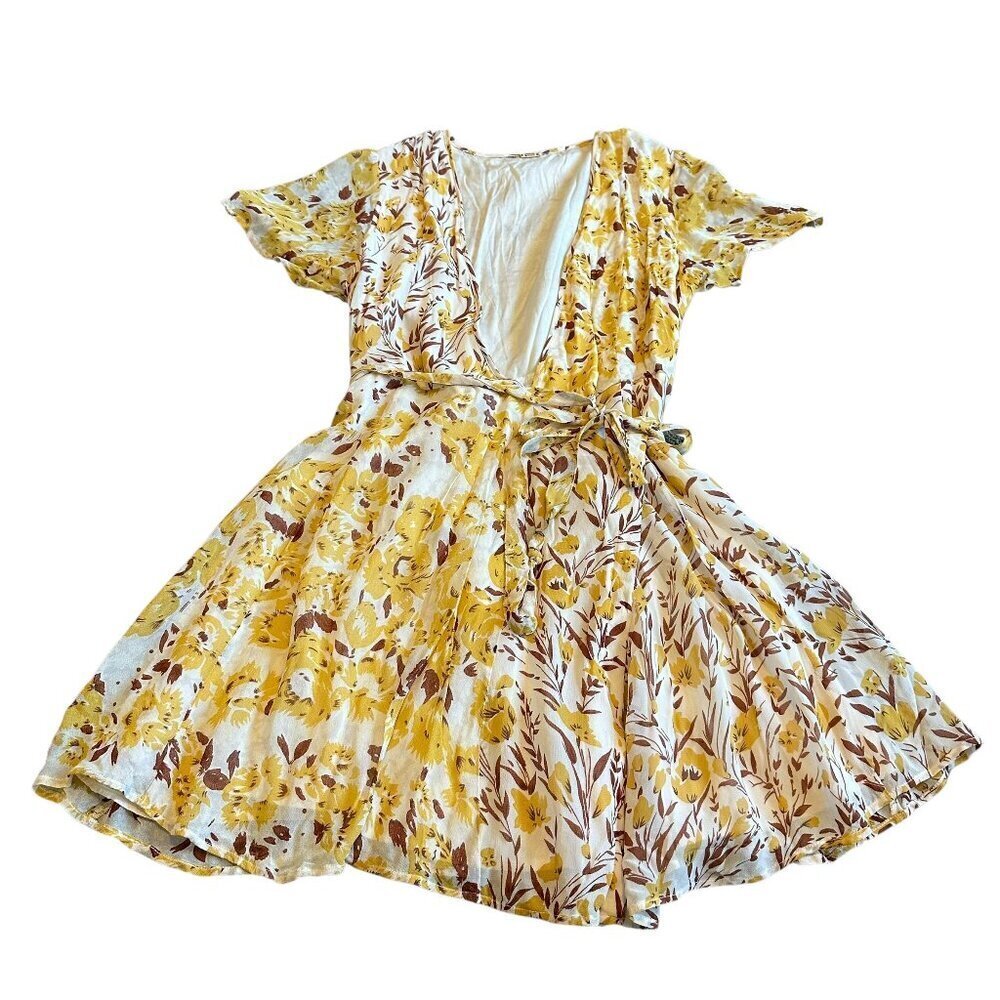Chan Luu Yellow Brown Floral Print Wrap Dress V-Neck Mini A-Line Size XS Women's